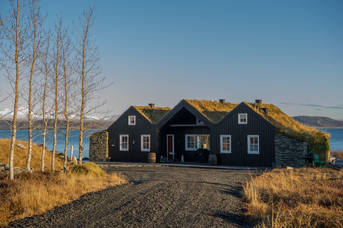 A close-up of the cabin facade, showing the black timber cladding and turf roof on this Thingvellir Lake cottage